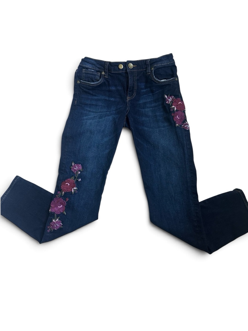 Kut from the Kloth Dark Blue Skinny Jeans with Purple Floral Embroidery